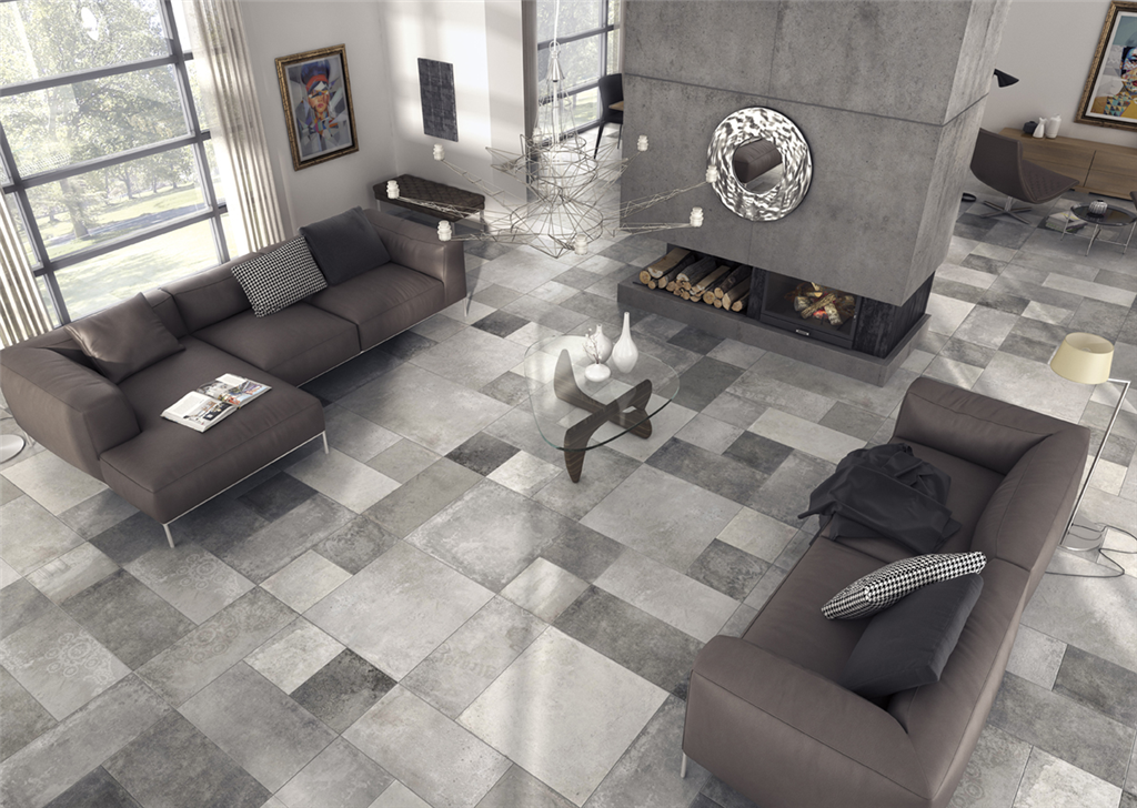 Grey large format tile measuring 900 x 600 mm. These stylish premium quality porcelain tiles are perfect for contemporary interiors. Oversized has an almost patchwork effect with around six shades of grey.  Gallery Image