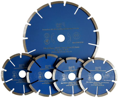 Premium mortar raking diamond blades are long lasting on both hard and soft mortar. They are stocked in sizes 115-230mm. Gallery Image