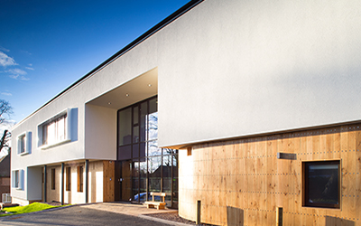 This new timber frame building at Mary Stevens Hospice features the StoTherm Classic external wall insulation system with StoSilco silicone resin render.   Gallery Image