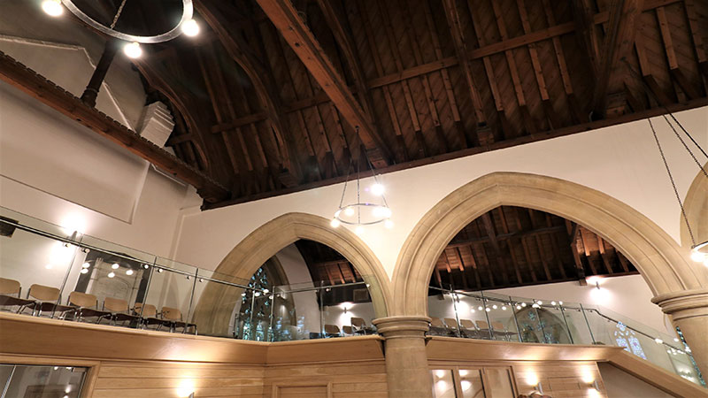 Frameless glass balustrades to mezzanine floor in Cotswold church Gallery Image