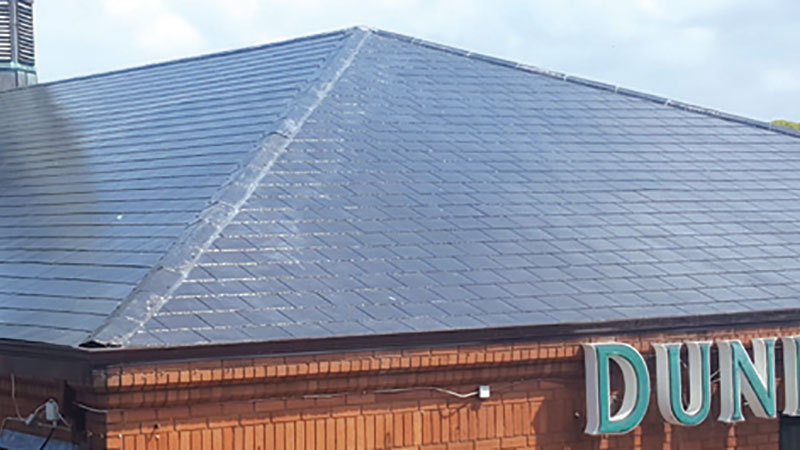 Slate roof repaired in 5 days using cherry-picker, no scaffolding needed. Powerwashed, two coats of FlexiStop Clear brushed & rolled.  Looks and performs like a brand new roof! Gallery Image