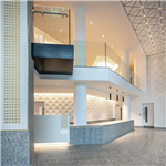 Serizzo Antigorio granite floor tiles, wall cladding and reception desk, Exchange Court, Manchester. Gallery Thumbnail