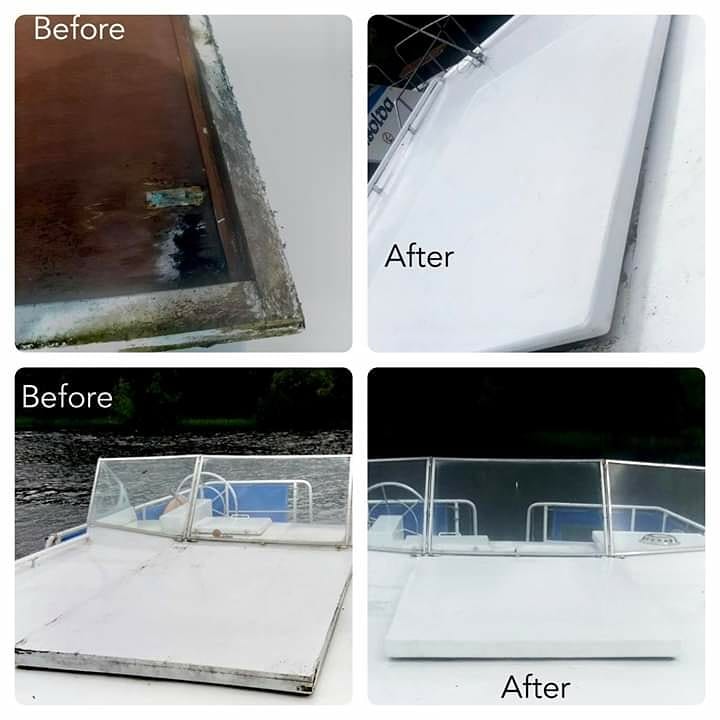 Existing timber boat engine hatch replicated and sealed with fibreglass using matching white gelcoat finish, fit in situ. Gallery Image