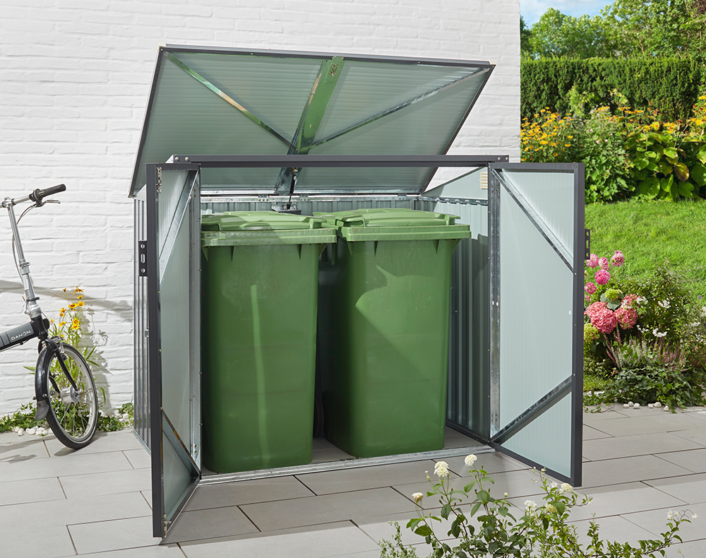 The Sheds Direct Ireland 2-Bin Store. It's made with galvanised steel, it has a gas-hinged opening top panel and lockable front doors Gallery Image