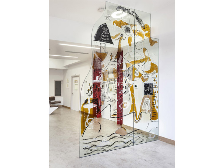 Resin-painted Glass, Public Commission, Illustration by Steven Appleby, Royal Brompton Hospital, Sleep Centre Gallery Image