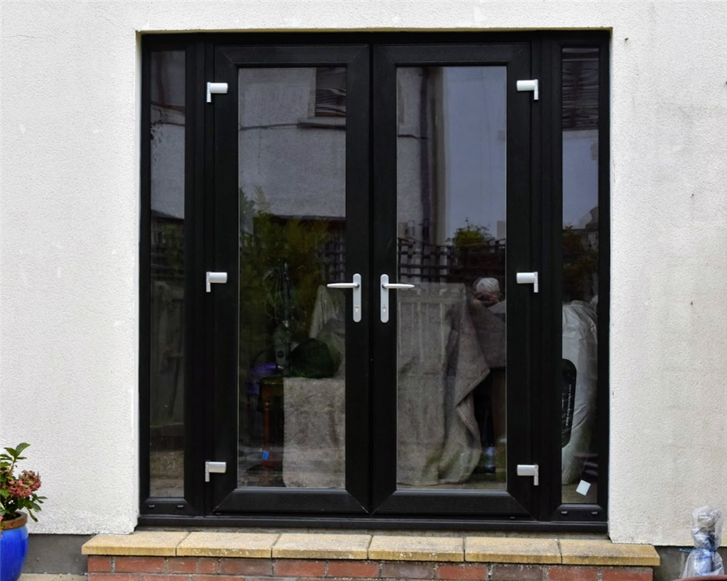 Black french doors with brushed steel flag hinges Gallery Image